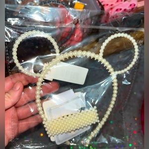 Pearl Beaded Mickey Mouse Headband With Pearl Beaded Hair Clip NIB